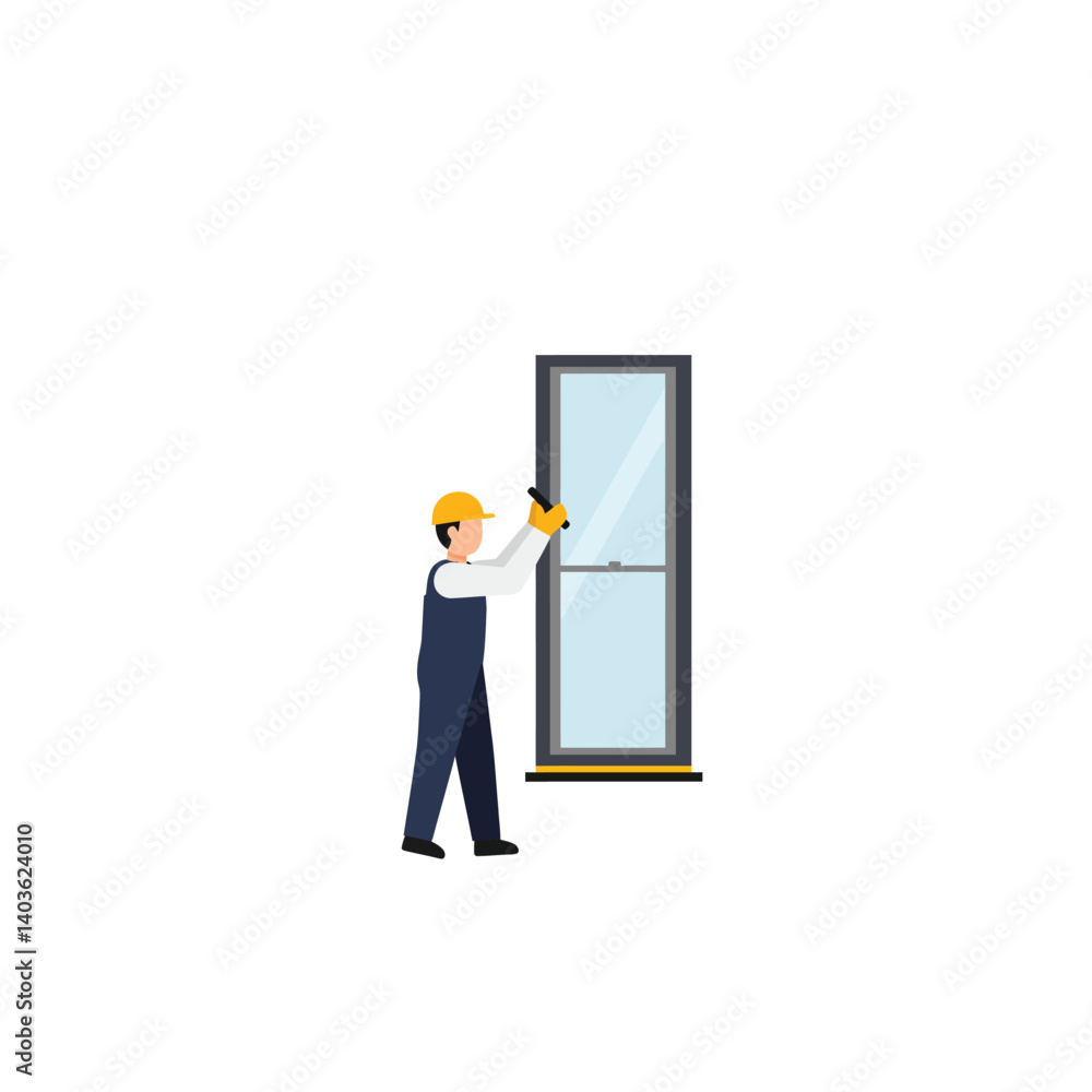 Poster worker replacing window in flat design style vector art