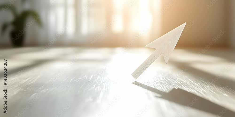 Poster pixelated arrow cursor pointing upward casting shadow on parquet floor in bright sunlight near windo