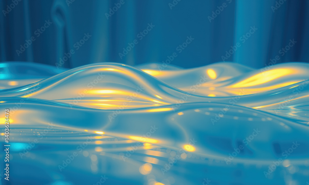Poster mesmerizing display of fluid waves in shades of blue and gold, creating tranquil and ethereal atmosp