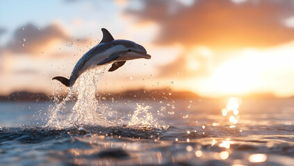 Obraz premium Pixelated Dolphin Leaping from Ocean Water at Sunset with Golden Sky Warm Sunlight and Wave Splashes on Coastline