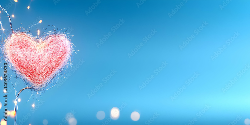 Poster pixelated sparkling red heart against a soft blue gradient background with twinkling bokeh lights ro