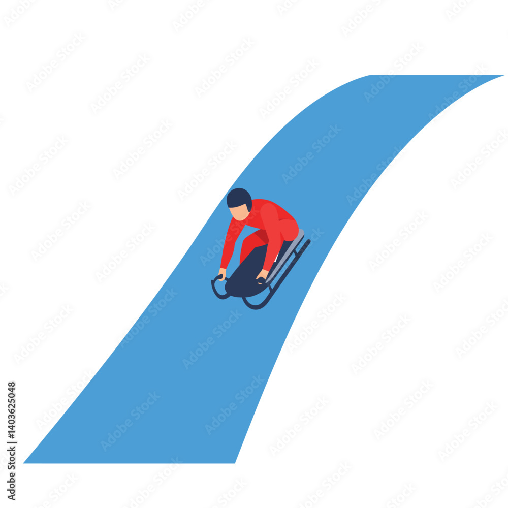 Poster sledding athlete navigating a curved track in flat vector art style vector illustration
