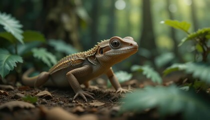 Obraz premium Juvenile Bearded Dragon in Lush Forest Undergrowth