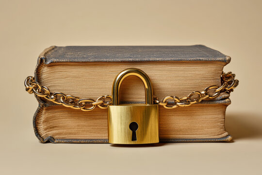 A book secured with a gold chain and padlock on a soft beige background. Copyright and intellectual property