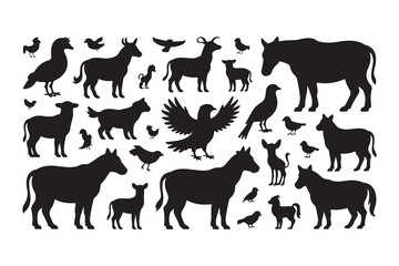 Black Silhouette Collection of Farm Animals and Birds