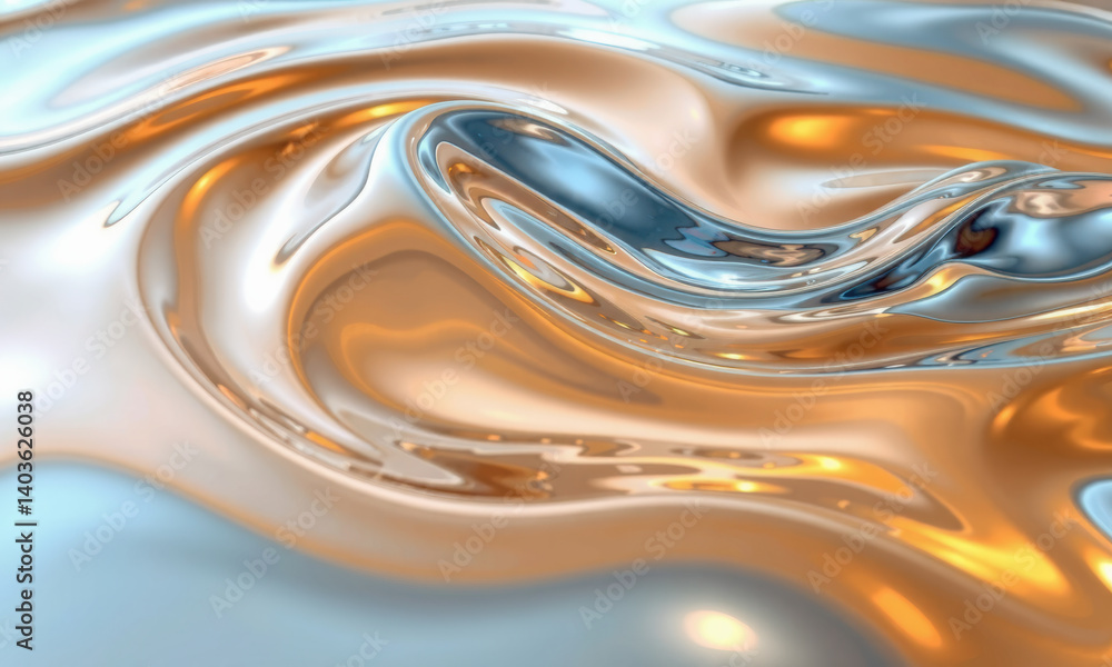 Poster mesmerizing abstract image of swirling metallic fluid, showcasing blend of orange and blue hues that
