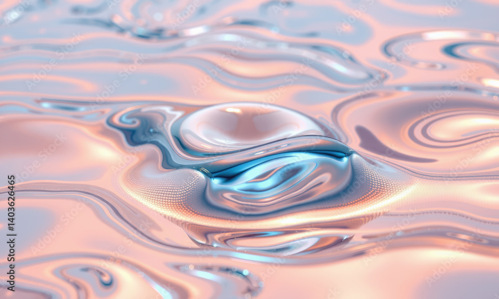 Poster close up view of water droplet on reflective surface, showcasing fluid dynamics and light reflection