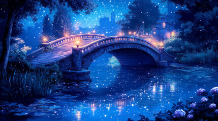 Enchanted night bridge over a luminous water garden.