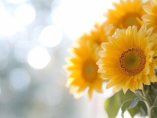 Obraz premium Radiant Yellow Sunflowers in Full Bloom with Soft Bokeh Background Capturing the Essence of Summer