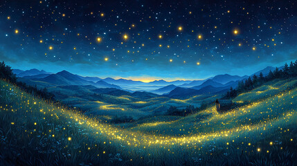 A luminous, starry night over a peaceful mountain valley. © siomay