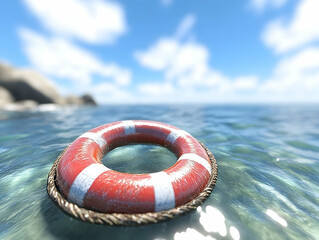 Red and White Life Preserver Floating on the Blue Ocean Waters Under a Bright Sky with Distant Coastline
