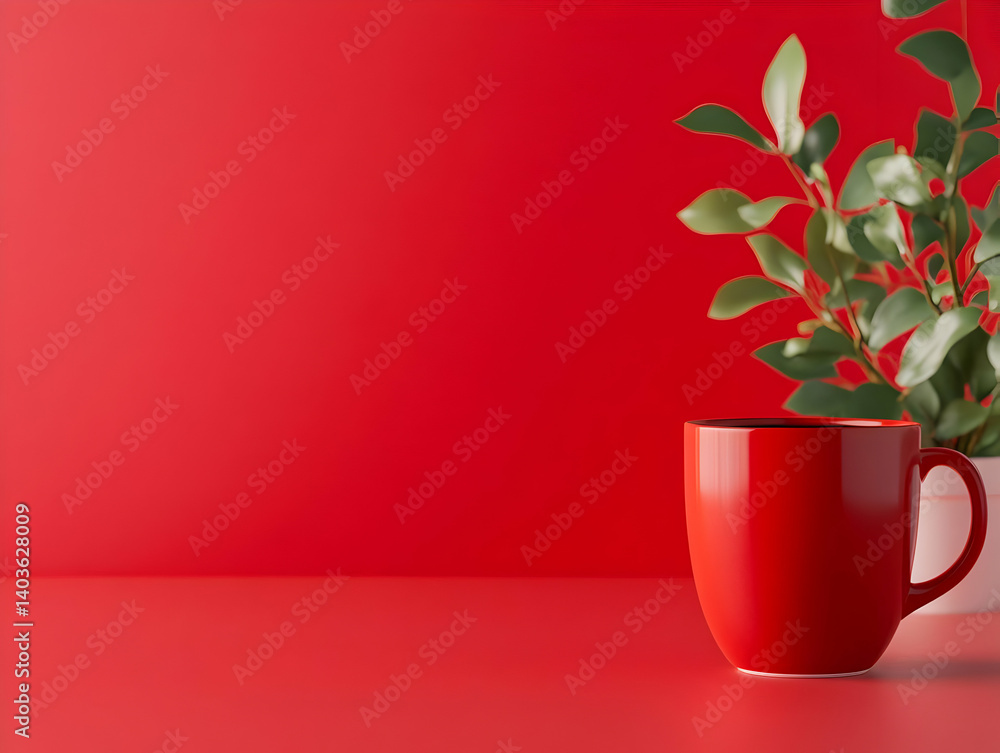 Poster red coffee mug with plant on a table against a red background in a studio setting with copy space