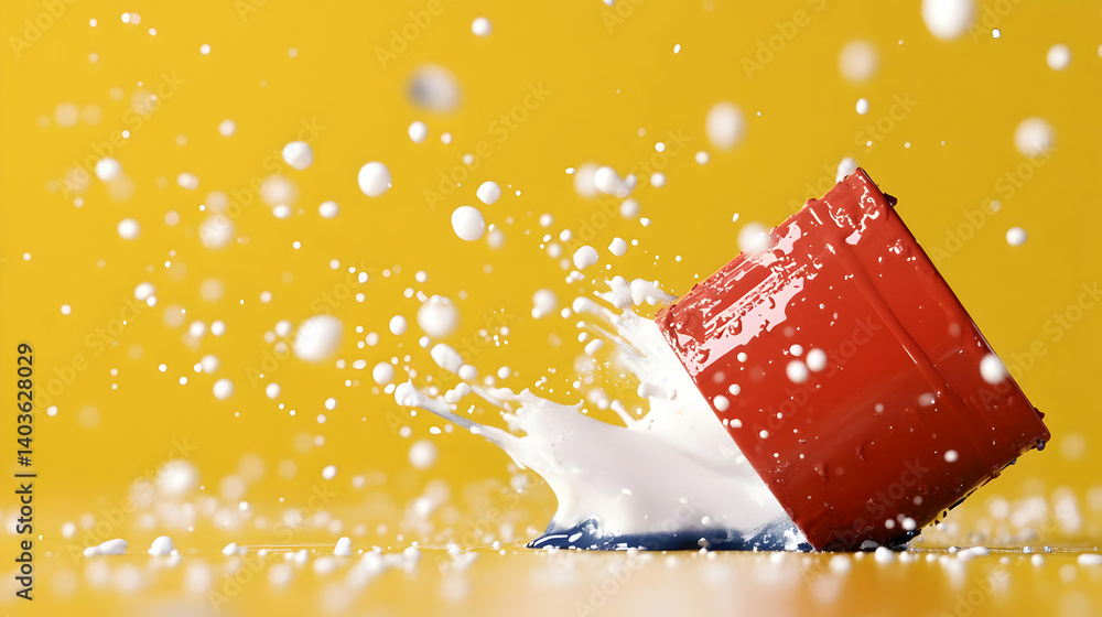 Poster red container spilling white liquid creating dynamic splash on yellow background