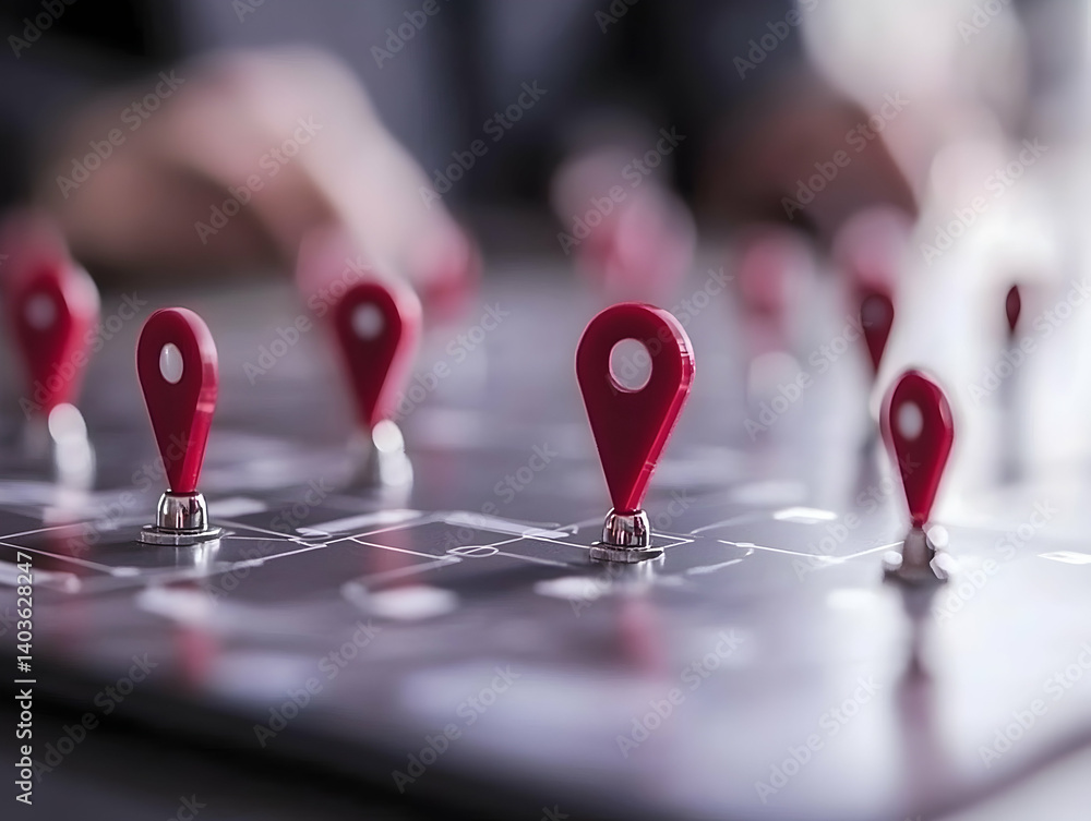 Poster red location pins marking route on a map with a person's hands in the soft focus background