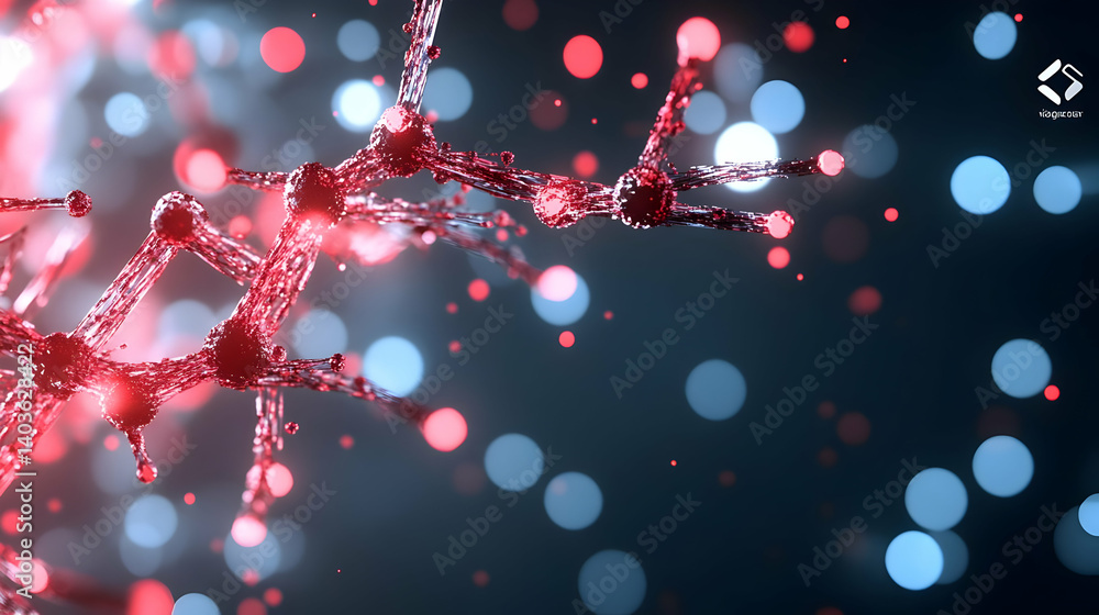 Poster red molecular structure depiction with interconnected atoms and bokeh light effects on a dark backgr