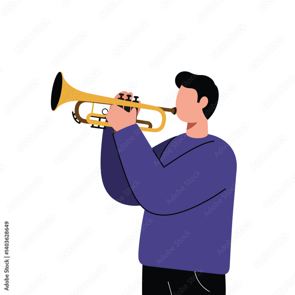 Poster musician playing trumpet in dynamic pose with minimal design style vector art