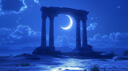Ancient ruins, moonlight, and a crescent moon archway.