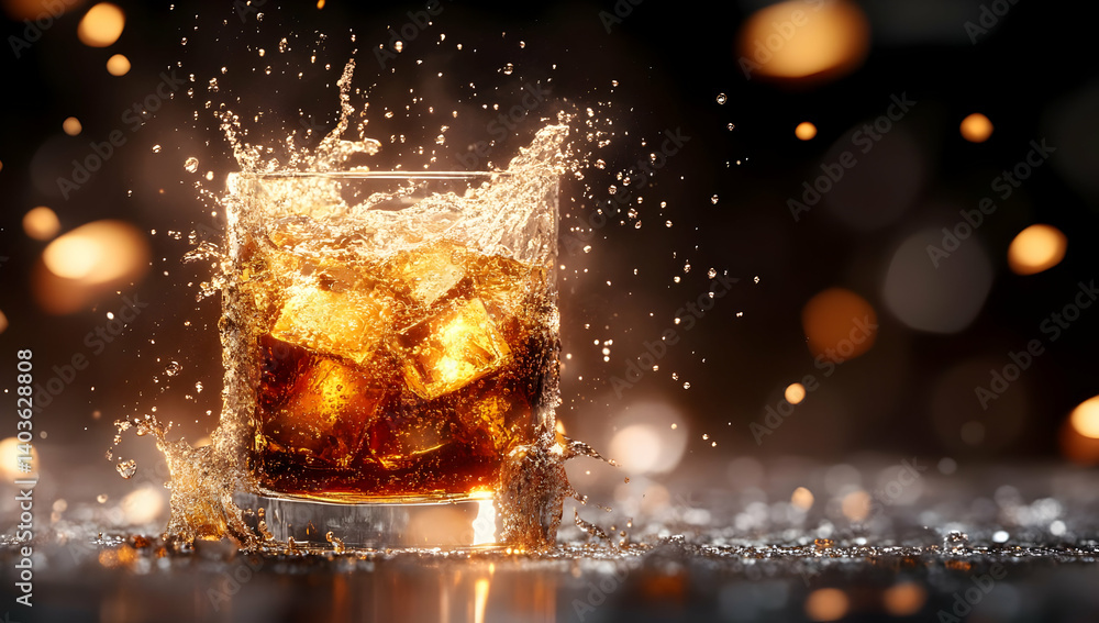 Poster refreshing amber liquid splashing from glass with ice cubes on reflective surface in dark background