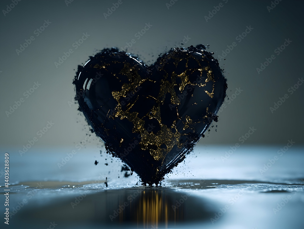 Poster Reflective Metallic Heart Shape with Warm Gradient Glow on Wet Surface