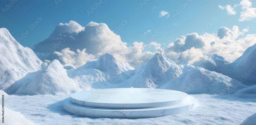 Aufkleber 雪山と青空の背景に白いプラットフォーム 自然の雪景色が広がる冬の風景 光と影が織りなす透明感のある美しいビジュアル