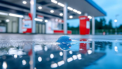 Reflective Blue Ball on Wet Surface at Filling Station with Blurred Lights and Puddle with Night Cityscape in the Background