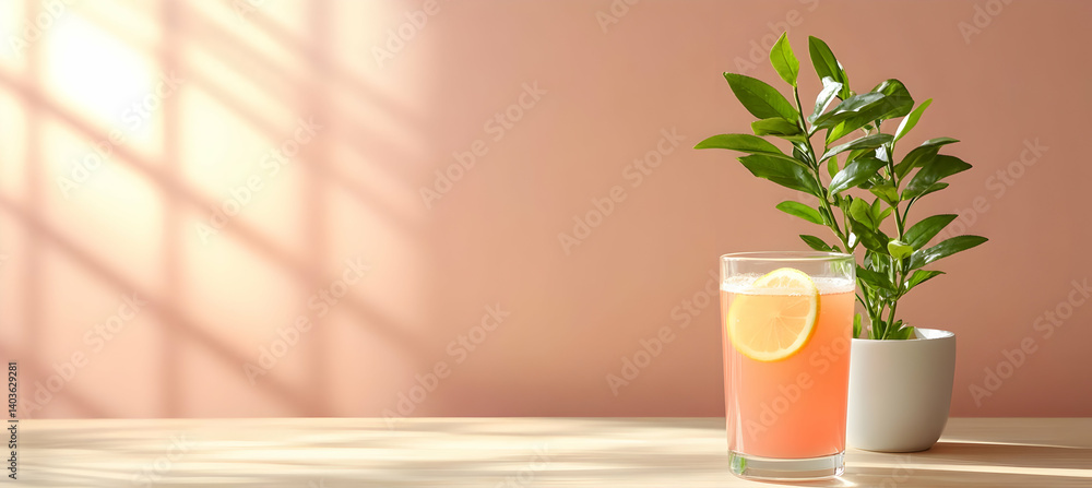 Poster refreshing pink lemonade with lemon slice and green plant in minimalist setting with window shadows