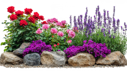 Floral rock garden showcasing a variety of colorful flowers against black backdrop