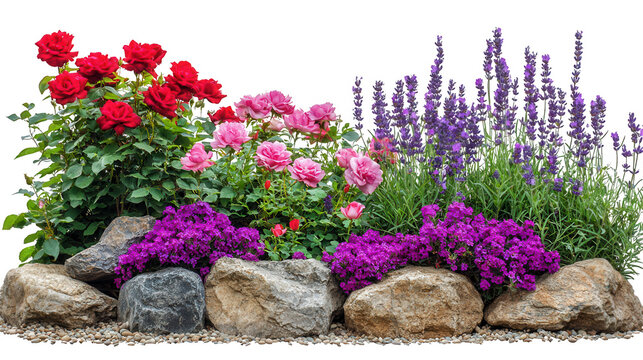 Floral rock garden showcasing a variety of colorful flowers against black backdrop