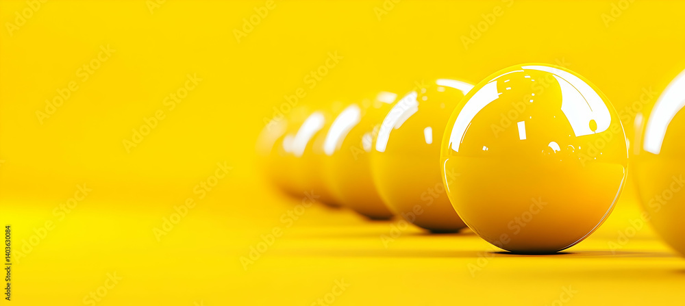 Poster row of yellow spheres with shiny reflections on a bright background minimal geometric design