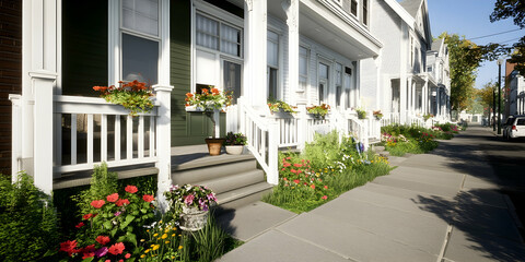Row of Townhouses with Flowers Lining the Sidewalk on a Sunny Day in a Residential Suburban Area