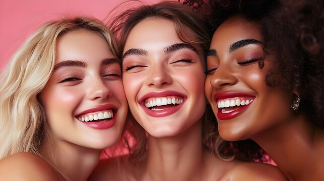 smiling women with flawless makeup holding blush palettes. Concept:  beauty, friendship, self-care and cosmetics, makeup brands, skincare, beauty tutorials, lifestyle content or marketing campaign