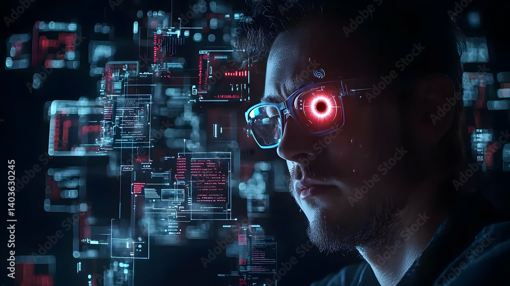 Poster close up profile of man immersed in digital data interface