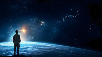 Fototapeta premium Silhouette Of A Person Standing On The Edge Of Planet Earth Looking At The Stars