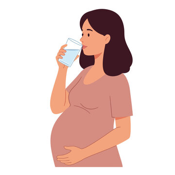 Naklejki Pregnant woman holding glass of water in minimal flat vector art