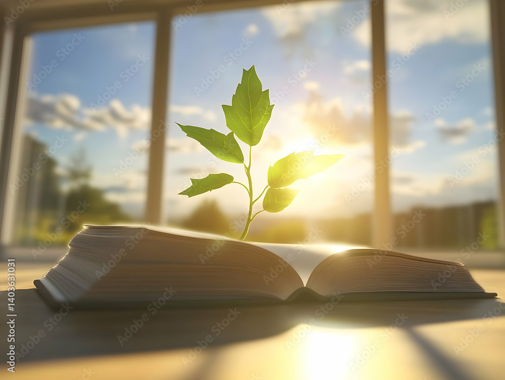 Poster sapling sprouts from open pixelated book with sunlight streaming through window symbolizing knowledg
