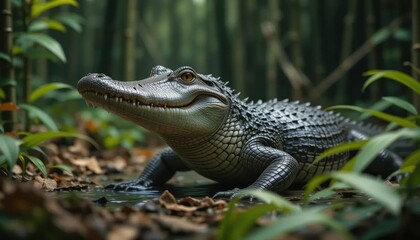 Obraz premium American Alligator in Lush Tropical Forest Undergrowth