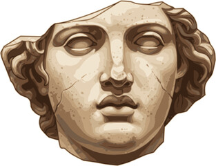 Fragmented classical sculpture of a young man's head isolated on transparent background, vector marble bust, ancient Greek art, antique statue, mythology, Renaissance 