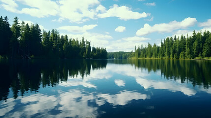 Fototapeta premium Reflective Serenity: Clouds and Pines Mirroring on the Lake Surface