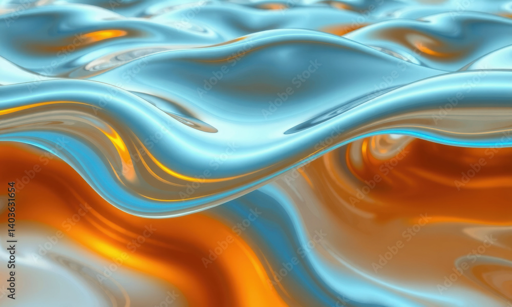 Poster mesmerizing abstract representation of fluid dynamics, showcasing smooth waves in vibrant blue and o