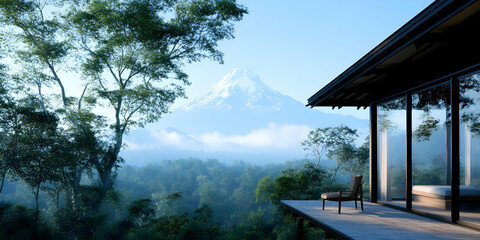 Scenic Mountain View from Modern Deck with Chair in Green Forest and Mountain Landscape Tranquil Morning Scene with a Hint of Fog in Natural Daylight