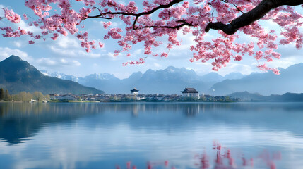 Scenic Vista of Pink Cherry Blossoms with Asian Village Lake and Mountain Against Sky