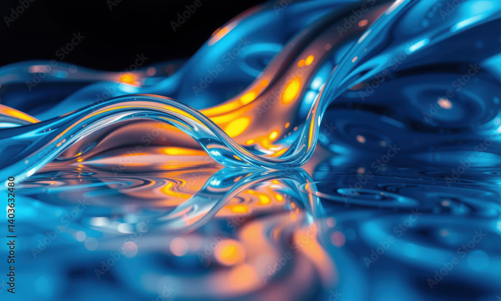 Poster mesmerizing display of fluid dynamics, this showcases vibrant blue and orange waves flowing graceful