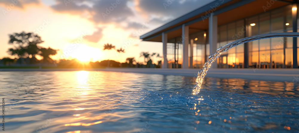 Aufkleber serene pool water feature with sunset and modern architecture in soft light