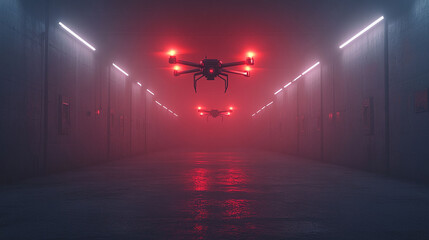 Two drones fly through a fog-filled, neon-lit corridor.