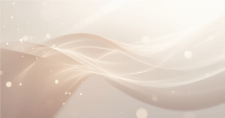 smooth, light-colored flowing waves or curves on a soft gradient background. Add small glowing light particles or bokeh effects scattered across the image. Use a light beige and white color palette 