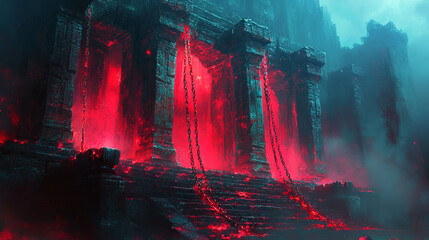 Crimson chains hang heavy from ancient, ruined temple entrance.