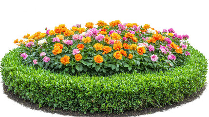 Floral bed arrangement showcasing roses and verdant hedge aesthetic beauty