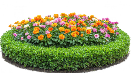 Floral bed arrangement showcasing roses and verdant hedge aesthetic beauty