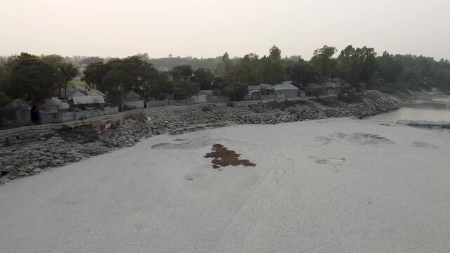 Drone shot of Jamuna River and boat in riverbank, Bangladesh