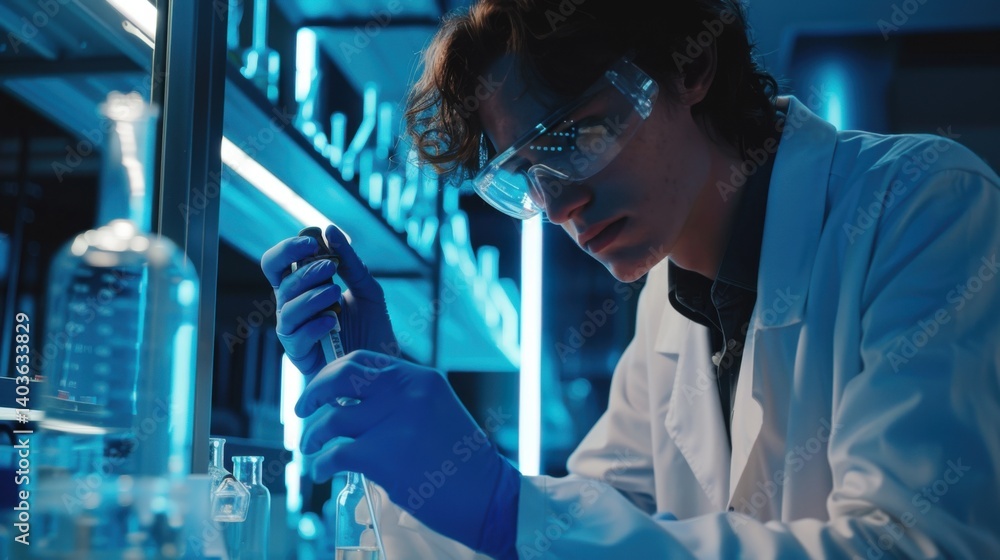 Poster scientist analyzing samples and taking notes in laboratory for research.